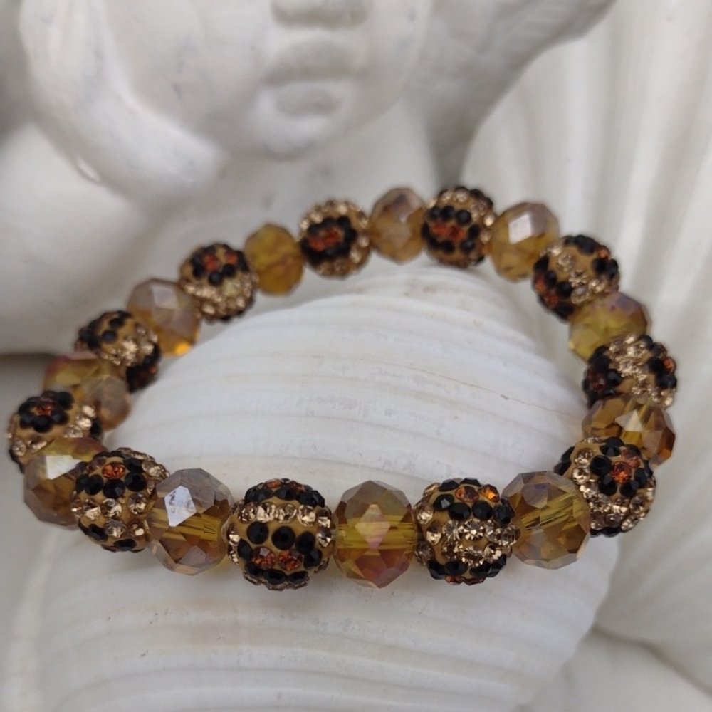 Unique Gold and Amber Leopard Graphic Crystal Design Stretch Bracelet
